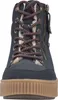 A close-up, front-facing view of a dark blue winter boot with brown and beige laces and a tan sole. Voir les images du produit