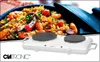 A collage featuring a close-up of a paella dish and a white double electric hot plate. Podgląd zdjęcia produktu