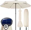 A cream-colored patio umbrella with LED lights and a solar panel, shown with its folded cover and a solar panel detail. Produktbild-Vorschau