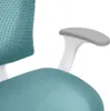 Close-up of a teal mesh office chair armrest and seat. Náhled obrázku produktu