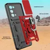 An exploded view of a red and black phone case with labels pointing out its features. Produktbild-Vorschau