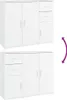 Two views of a white sideboard cabinet, one showing doors and drawers, the other showing drawers and doors. A purple curved arrow indicates a potential transformation or rotation. Produktbild-Vorschau