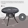 A diagram showing the dimensions of a round outdoor dining table, with additional text providing usage instructions and weight information. Produktbild-Vorschau