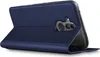 A dark blue flip case for a smartphone is shown from the side, with the phone partially inserted. Produktbild-Vorschau