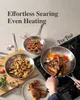 A collection of stainless steel pans with food being cooked in them, presented on a stovetop and cutting board. Produktbild-Vorschau