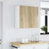 A wall-mounted cabinet with two doors, one white and one wood-grain, is shown in a room setting. Produktbild-Vorschau