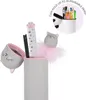A cat-themed pencil case is shown open with stationery inside, and a smaller inset image shows a collection of pens in a holder. Produktbild-Vorschau