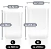 Two clear plastic storage containers of different sizes are shown with dimensions and volume indicated. Produktbild-Vorschau