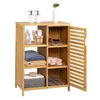 A bamboo bathroom cabinet with an open door, displaying toiletries, towels, and slippers on its shelves. Produktbild-Vorschau