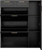 A black shoe cabinet with golden handles, shown with some of its doors open. Náhled obrázku produktu