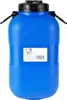 A blue plastic barrel with a black lid and handles, featuring a label with symbols and a barcode. Produktbild-Vorschau