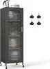 A black kitchen cabinet with glass doors and wheels, shown with four adjustable feet next to it. Podgląd zdjęcia produktu