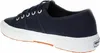 A side view of a navy blue Superga sneaker with a white sole and orange outsole. Produktbild-Vorschau
