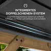 A close-up view of a dark gray fabric roof with integrated double rail system and wooden support beams of a gazebo. Produktbild-Vorschau