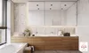 A modern bathroom with a double vanity, bathtub, and textured wall panels. Produktbild-Vorschau
