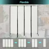 A white 4-panel room divider is shown in a blurred outdoor setting. Below, a sequence of images demonstrates how the room divider can be folded. Produktbild-Vorschau