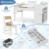 Diagram showing the dimensions and weight capacity of a children's art table and chair set, along with included accessories like storage bins. Produktbild-Vorschau