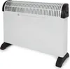 A white electric heater with black feet and accents, shown from a slight angle against a white background.