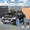 A black electric Audi SQ8 toy car for children, shown on a textured gray surface with background images depicting different terrains (asphalt, gravel, wooden floor) and a close-up of the shock absorber. Produktbild-Vorschau