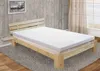 A wooden bed frame with a white mattress topper is shown in a bedroom setting. Produktbild-Vorschau