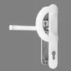A white door handle set with a metal mechanism, shown against a gray background. Produktbild-Vorschau