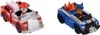 Two toy vehicles, a red fire truck and a blue police car, each with a dog figurine driver, are displayed against a white background. Voir les images du produit