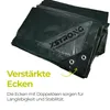 A folded dark green tarp with reinforced corners and a clear plastic window showing branding. Produktbild-Vorschau