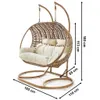 A hanging basket chair with dimensions indicated by text overlays. Produktbild-Vorschau