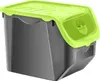 A dark gray storage box with a lime green lid and a flip-up opening on the lid. Produktbild-Vorschau