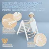 A baby is climbing on a wooden Pikler triangle indoors, with descriptive text and close-up images highlighting features. Produktbild-Vorschau
