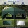 A split image showing a green gazebo in two conditions: one side in sunny weather with reflections, and the other side in rainy weather with water droplets. Close-up views of the fabric and coating are shown at the bottom. Voir les images du produit