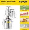 A diagram of a stainless steel distiller with dimensions and examples of distilled products. Náhled obrázku produktu