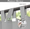 Close-up of gray outdoor curtains hanging from a rod, with a diagram showing the height measurement and a detail of magic tape attachment. Produktbild-Vorschau