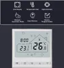 A marketing image showing a smart thermostat with its features listed above and the thermostat display in detail below. Produktbild-Vorschau