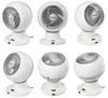 A collage of six images of a white, spherical desk fan with a pedestal base. Produktbild-Vorschau