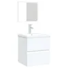 A white bathroom vanity with a sink and faucet, and a mirror above it, is shown against a white background. Produktbild-Vorschau