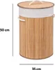 A tall, cylindrical bamboo laundry basket with a lid and rope handles, shown with dimensions indicated by text overlays. Náhled obrázku produktu