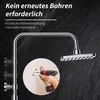 A shower system is shown with a close-up inset of a hand using a drill to make holes in a wall, implying easy installation. Podgląd zdjęcia produktu