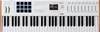 A top-down view of a white MIDI keyboard with wooden accents on a white background. Produktbild-Vorschau