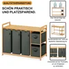 A product image showcasing a bamboo laundry sorter with multiple compartments and fabric bins, accompanied by feature callouts and illustrative diagrams. Voir les images du produit
