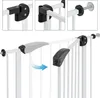 Collage showing close-up details of a white metal safety gate's mounting and latching mechanisms. Produktbild-Vorschau