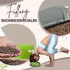 A collage showing a yoga bolster filled with buckwheat hulls, hands holding buckwheat hulls, and a woman performing a yoga pose. Produktbild-Vorschau