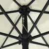 Close-up view of the internal structure of an umbrella, showing the metal ribs and central pole. Voir les images du produit
