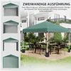 A green pop-up gazebo set up on a wooden deck with outdoor furniture, with smaller inset images showing different configurations of the gazebo. Produktbild-Vorschau