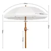 A white patio umbrella with fringe and wooden pole, with dimensions indicated by dashed lines and text. Produktbild-Vorschau