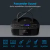 A black MEDION stereoradio with a CD player and cassette deck is shown, with icons representing different sound settings below. Produktbild-Vorschau