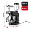 A black multi-functional kitchen appliance with attachments, including a meat grinder and a blender. Dimensions and specifications are overlaid on the image. Voir les images du produit