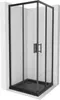 A black framed glass shower enclosure with a black shower tray, set against a marble-patterned wall. Podgląd zdjęcia produktu