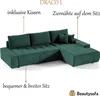 A green sectional sofa with labels pointing out its features. Produktbild-Vorschau