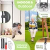 A collage showing a baby and an adult using a swing set indoors and outdoors, with included accessories. Produktbild-Vorschau